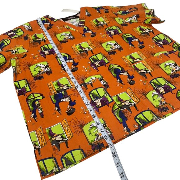 Halloween-Themed Orange Scrub Top With Witch & Spiderweb Print Size XL MnJ Brand - Picture 6 of 10